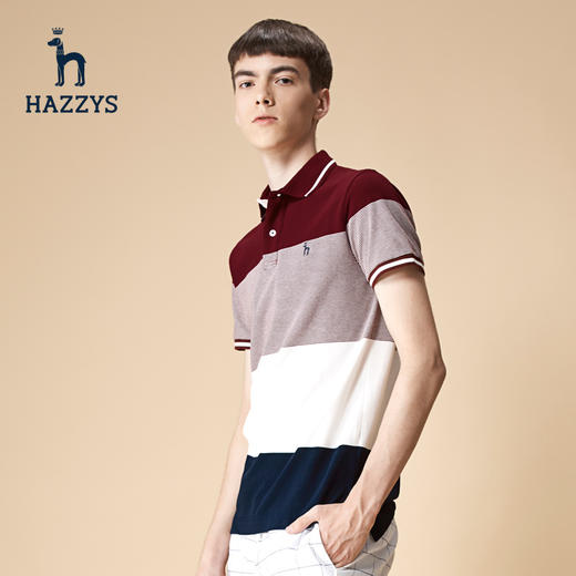 hazzys哈吉斯2018新款夏季英倫條紋polo衫棉短袖衣服男t恤潮翻領