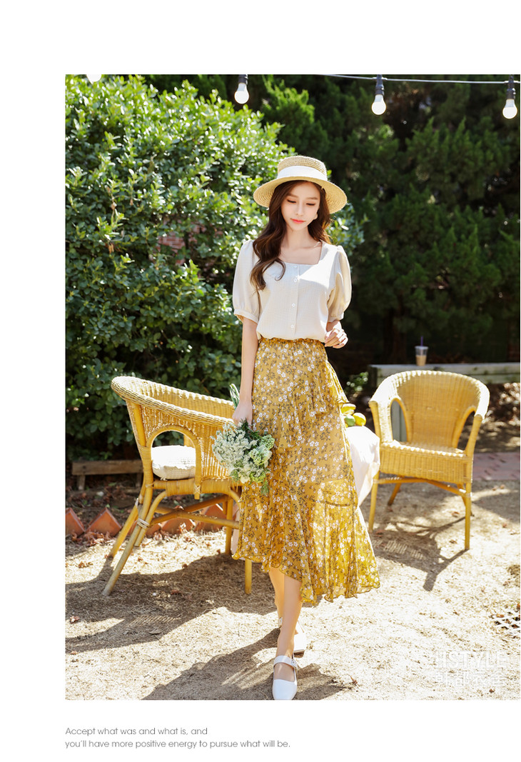 韩都衣舍2019夏装新款女装雪纺碎花黄色半身裙中长裙松紧腰花边裙