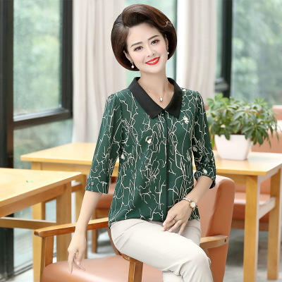 XC xm22 新款时尚翻领七分袖印花休闲百搭T恤上衣 商品图0