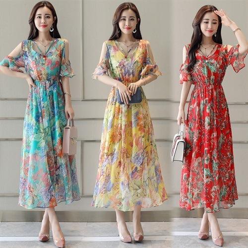 CQ  XYFS6015连衣裙雪纺花色通勤V领中腰大摆型【限量】 商品图0