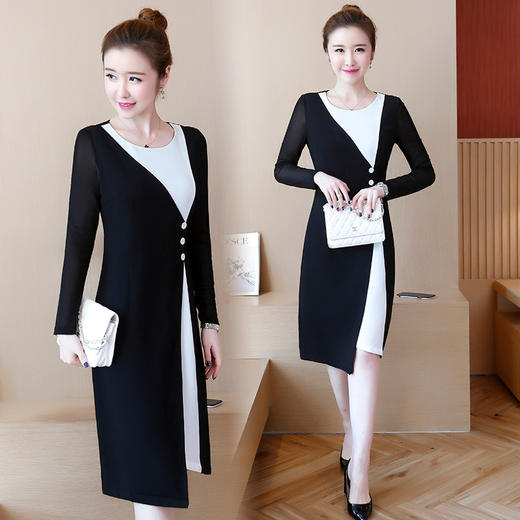 AHM-mf2161新款时尚流行大码黑白撞色拼接长袖连衣裙TZW 商品图3