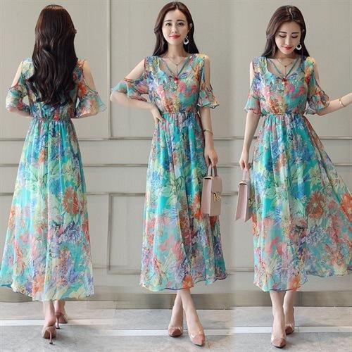 CQ  XYFS6015连衣裙雪纺花色通勤V领中腰大摆型【限量】 商品图2