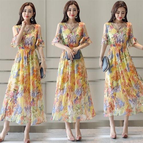 CQ  XYFS6015连衣裙雪纺花色通勤V领中腰大摆型【限量】 商品图1