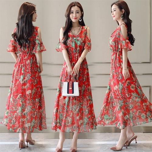 CQ  XYFS6015连衣裙雪纺花色通勤V领中腰大摆型【限量】 商品图3