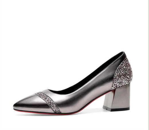 LN-908新款单鞋女韩版百搭时尚亮片粗跟尖头女鞋 商品图4