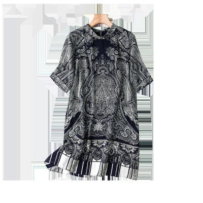 XY-C-116-新款黑色复古中袖中长款印花真丝连衣裙 商品图4