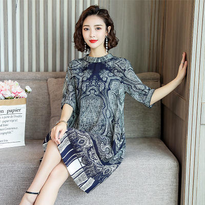 XY-C-116-新款黑色复古中袖中长款印花真丝连衣裙 商品图0