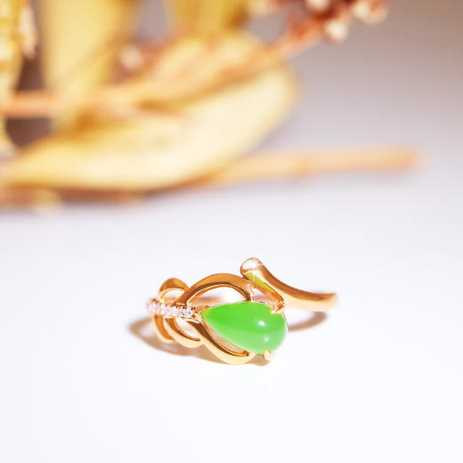18K玫瑰金和田玉（碧玉）镶钻戒指--羽 /水滴5*9mm/苹果绿（圈口请留言备注） 商品图1