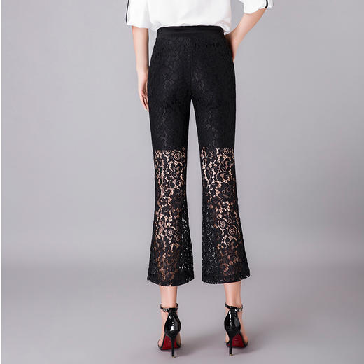 QYHY-725新款中高腰蕾丝弹力微喇裤九分时尚显瘦黑色休闲裤TZW 商品图3