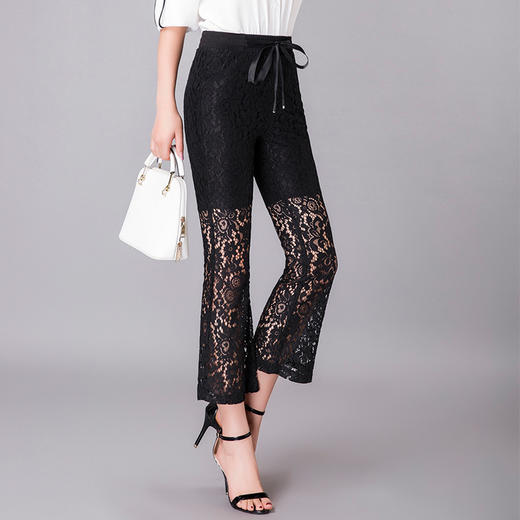 QYHY-725新款中高腰蕾丝弹力微喇裤九分时尚显瘦黑色休闲裤TZW 商品图1