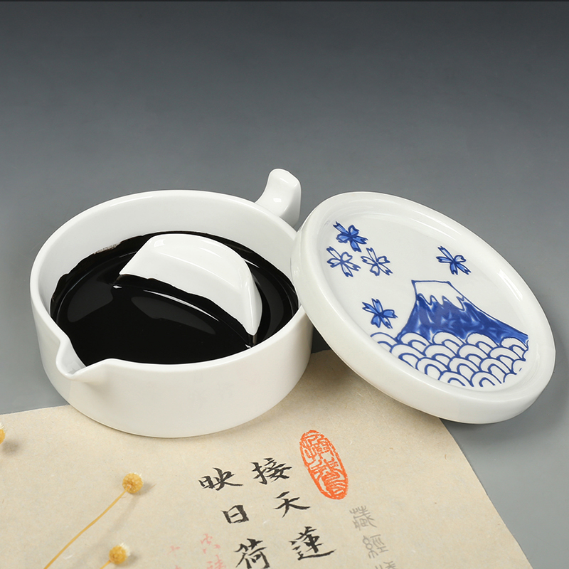 青花墨池丨多功能砚台带盖 青花陶瓷简约墨海 学生实用文房四宝墨池带盖