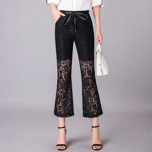 QYHY-725新款中高腰蕾丝弹力微喇裤九分时尚显瘦黑色休闲裤TZW 商品图2