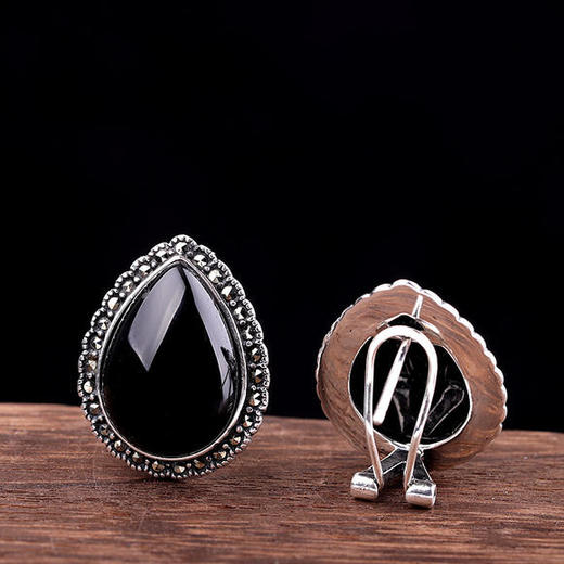 RP-ED041336新品纯银女式水滴黑玛瑙耳扣 商品图0