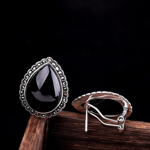 RP-ED041336新品纯银女式水滴黑玛瑙耳扣 商品图3