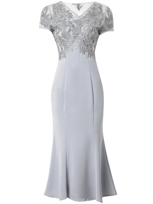 FMY-23998有女人味的连衣裙女短袖夏装法式小众修身绣花V领裙 商品图4