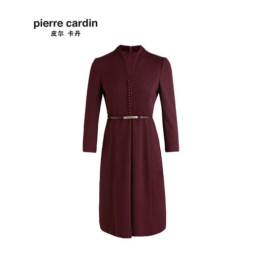 皮尔卡丹女装秋冬新款酒红色长袖v立领连衣裙显瘦P93DL23T2
 商品图4
