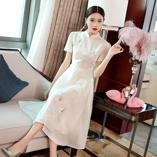 OG-99198新款复古文艺仙鹤刺绣改良旗袍连衣裙TZW 商品图0