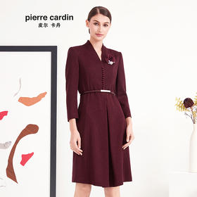 皮尔卡丹女装秋冬新款酒红色长袖v立领连衣裙显瘦P93DL23T2
