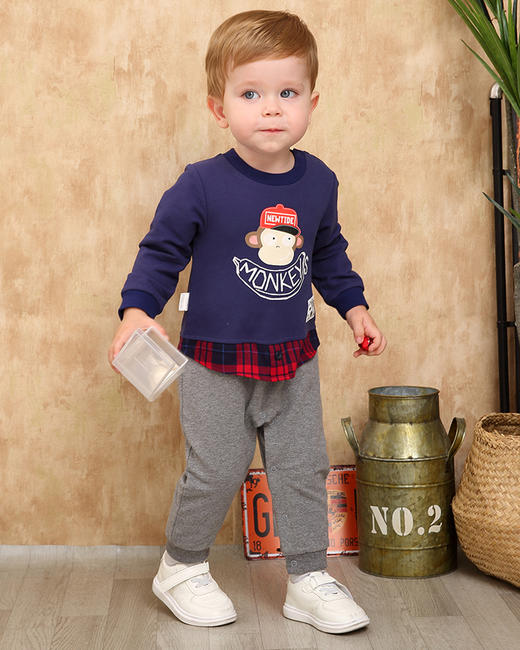 棉果果春秋季男童小毛圈假两件套头哈衣连体衣M312727219489 商品图1