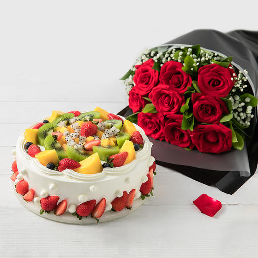 【请提前一天预订】【芬芳扑鼻的鲜活玫瑰9朵，4款心意蛋糕任选】表白心意，幸福久久，鲜花+蛋糕浪漫套餐（武汉） 商品图1