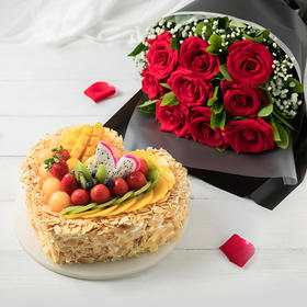 【请提前一天预订】【芬芳扑鼻的鲜活玫瑰9朵，4款心意蛋糕任选】表白心意，幸福久久，鲜花+蛋糕浪漫套餐（武汉）