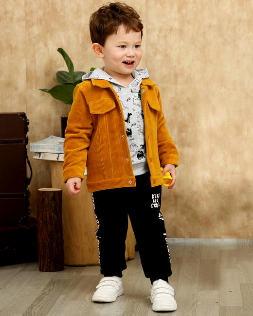 棉果果春秋季男童天鹅绒抽条+汗布休闲翻领外套M312100419480 商品图6