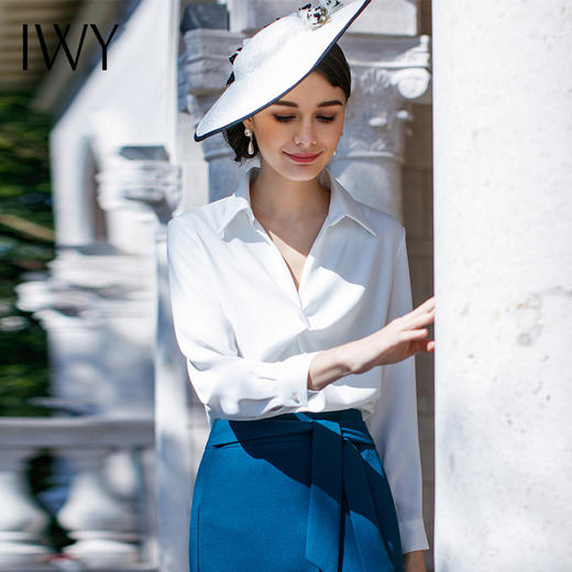IWY/白色欧美气质淑女OL衬衫装长袖衬衣蓝色系带半裙套装职业装女装B52+S238 商品图0