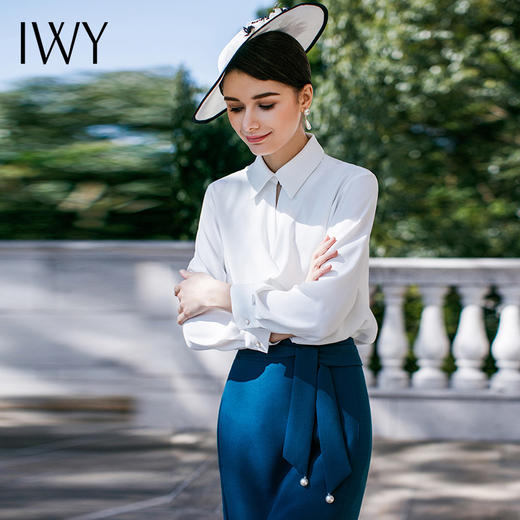 IWY/白色欧美气质淑女OL衬衫装长袖衬衣蓝色系带半裙套装职业装女装B52+S238 商品图4