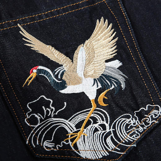 国潮中国风祥云仙鹤刺绣直筒黑色牛仔裤