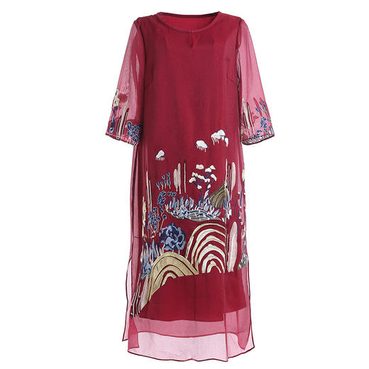 乔万尼宽松遮肉大码气质红色印花五分袖连衣裙女长款EN3E308 商品图4