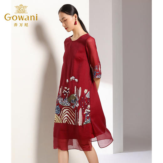 乔万尼宽松遮肉大码气质红色印花五分袖连衣裙女长款EN3E308 商品图2
