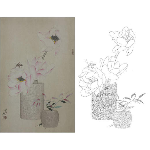 龚雪青竖幅博古花鸟白描底稿-花瓶-《虫趣》-多种白描尺寸可选-XQ76 商品图0