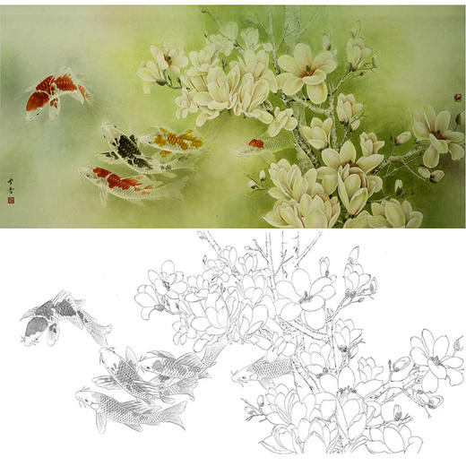 龚雪青横幅工笔花鸟白描底稿玉兰鲤鱼玉堂锦绣多种白描尺寸可选xq62