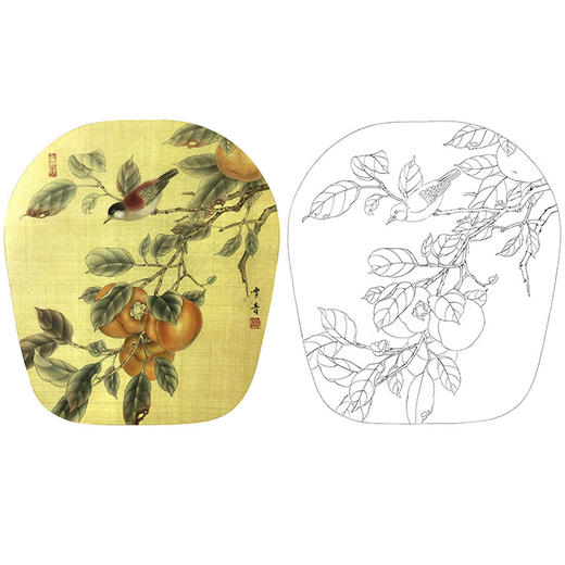 龚雪青花鸟白描底稿-柿子小鸟小品-多种白描尺寸可选-XQ42 商品图0