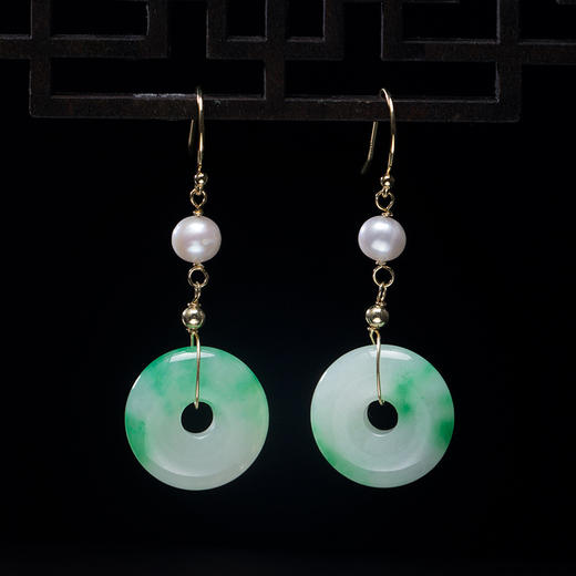 YM-SED20232新款玉石翡翠飘花平安扣s925珍珠耳环TZW 商品图0