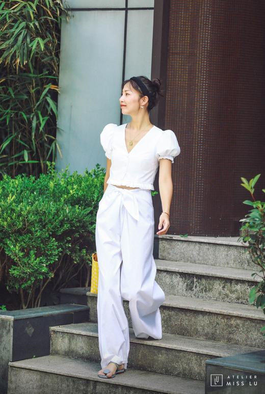 AtelierMissLu / Malina-白色打结装饰阔腿裤 商品图3