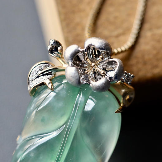 高冰种阳绿翡翠叶子设计师款18k白金黄金钻石镶嵌 商品图1