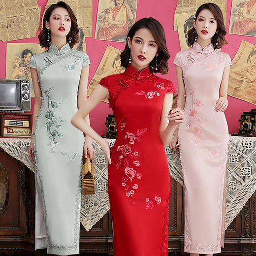 蕾丝边改良修身，重磅丝绸绣花长款旗袍MLS-8140 商品图0