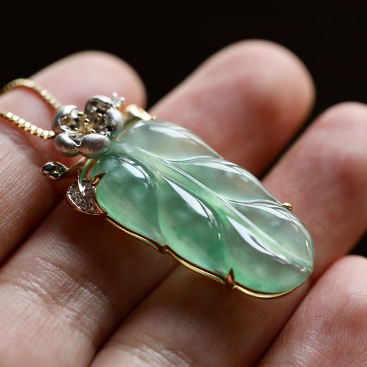 高冰种阳绿翡翠叶子设计师款18k白金黄金钻石镶嵌 商品图6