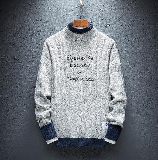 【服饰鞋包】日系男式半高领毛衣潮流宽松刺绣针织衫男士打底衫 商品图2