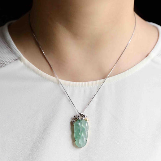 高冰种阳绿翡翠叶子设计师款18k白金黄金钻石镶嵌 商品图8