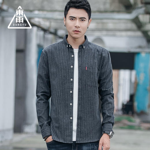 男装秋 火条纹男士休闲长袖衬衫翻领修身衬衣开衫 商品图1