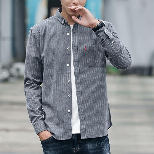 男装秋 火条纹男士休闲长袖衬衫翻领修身衬衣开衫 商品图6