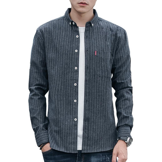 男装秋 火条纹男士休闲长袖衬衫翻领修身衬衣开衫 商品图3