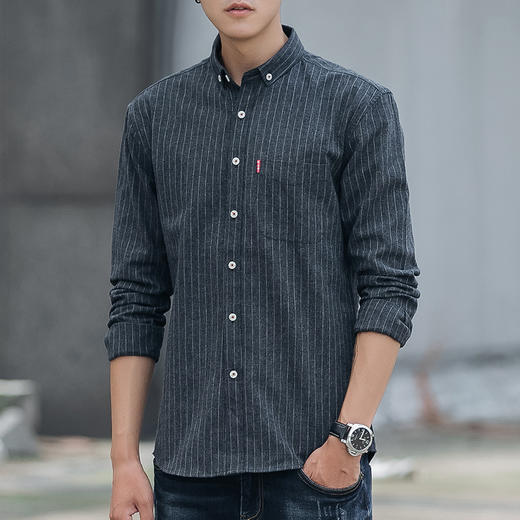 男装秋 火条纹男士休闲长袖衬衫翻领修身衬衣开衫 商品图5
