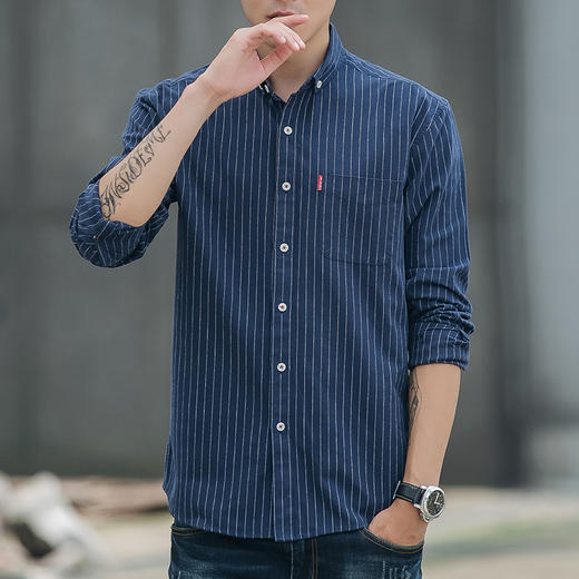 男装秋 火条纹男士休闲长袖衬衫翻领修身衬衣开衫 商品图7
