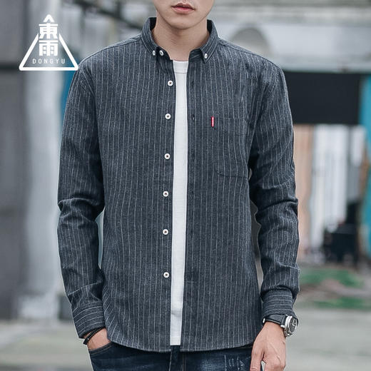 男装秋 火条纹男士休闲长袖衬衫翻领修身衬衣开衫 商品图0