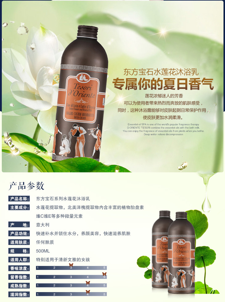 一般贸易意大利东方宝石水莲花滋润保湿沐浴露500ml