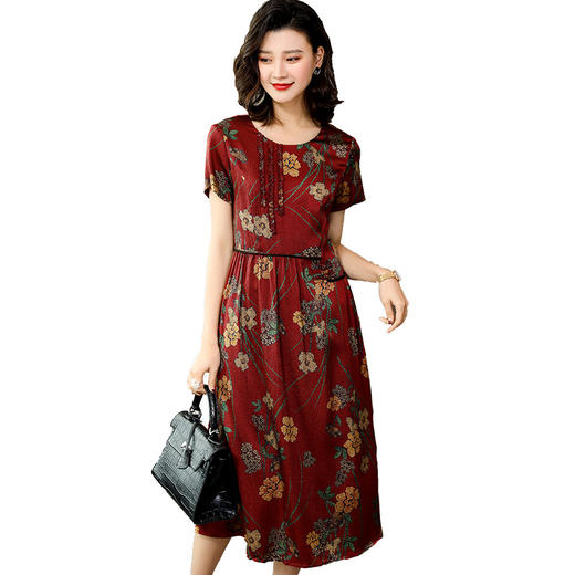 WSB-YMY1926新款圆领短袖复古印花大摆弹力缎真丝连衣裙TZW 商品图4