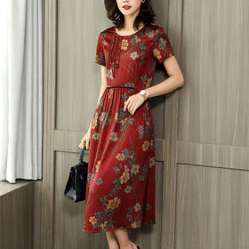 WSB-YMY1926新款圆领短袖复古印花大摆弹力缎真丝连衣裙TZW